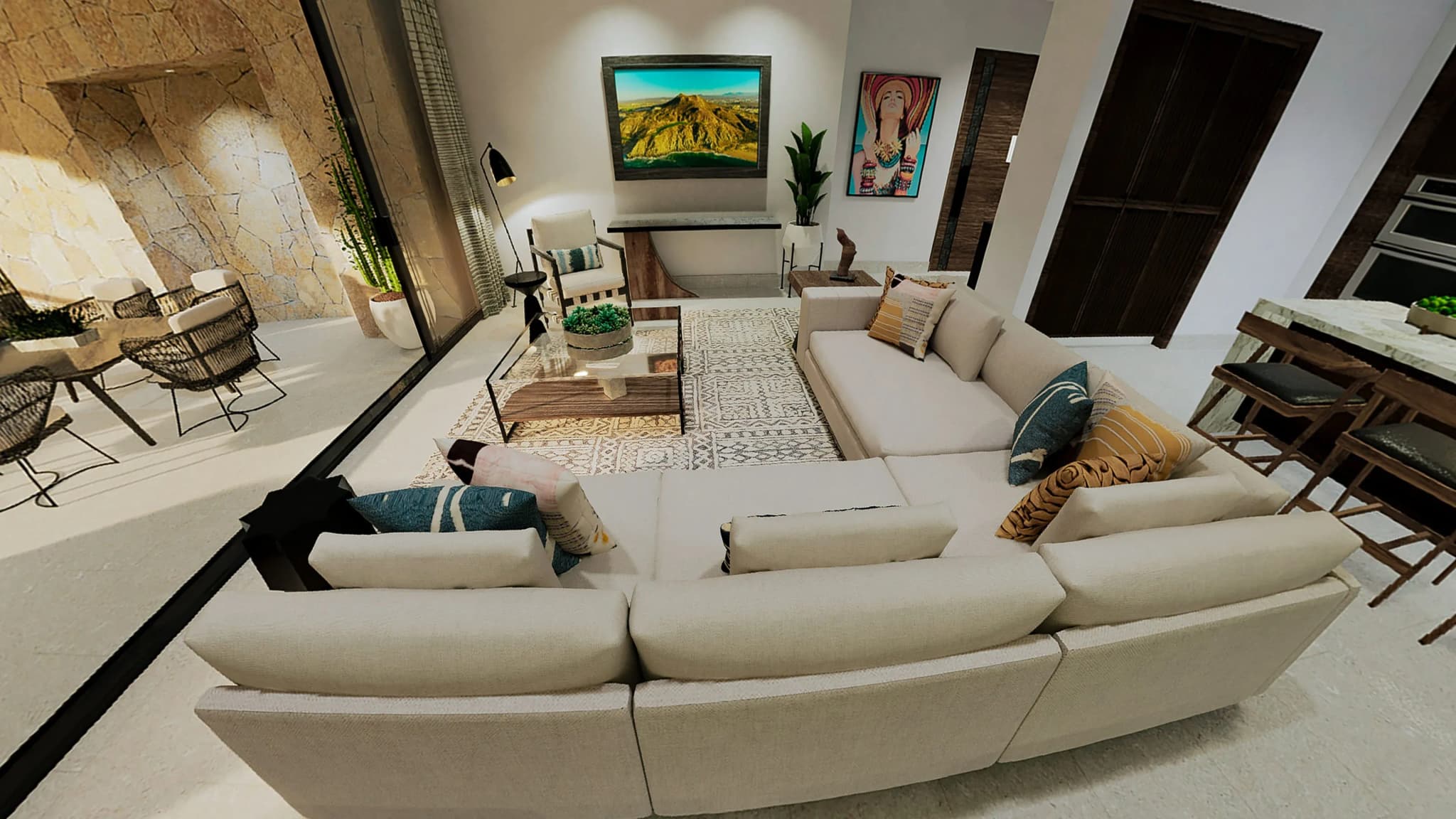 Living room with a sectional sofa and access to the terrace in Alvar 4-bedroom home