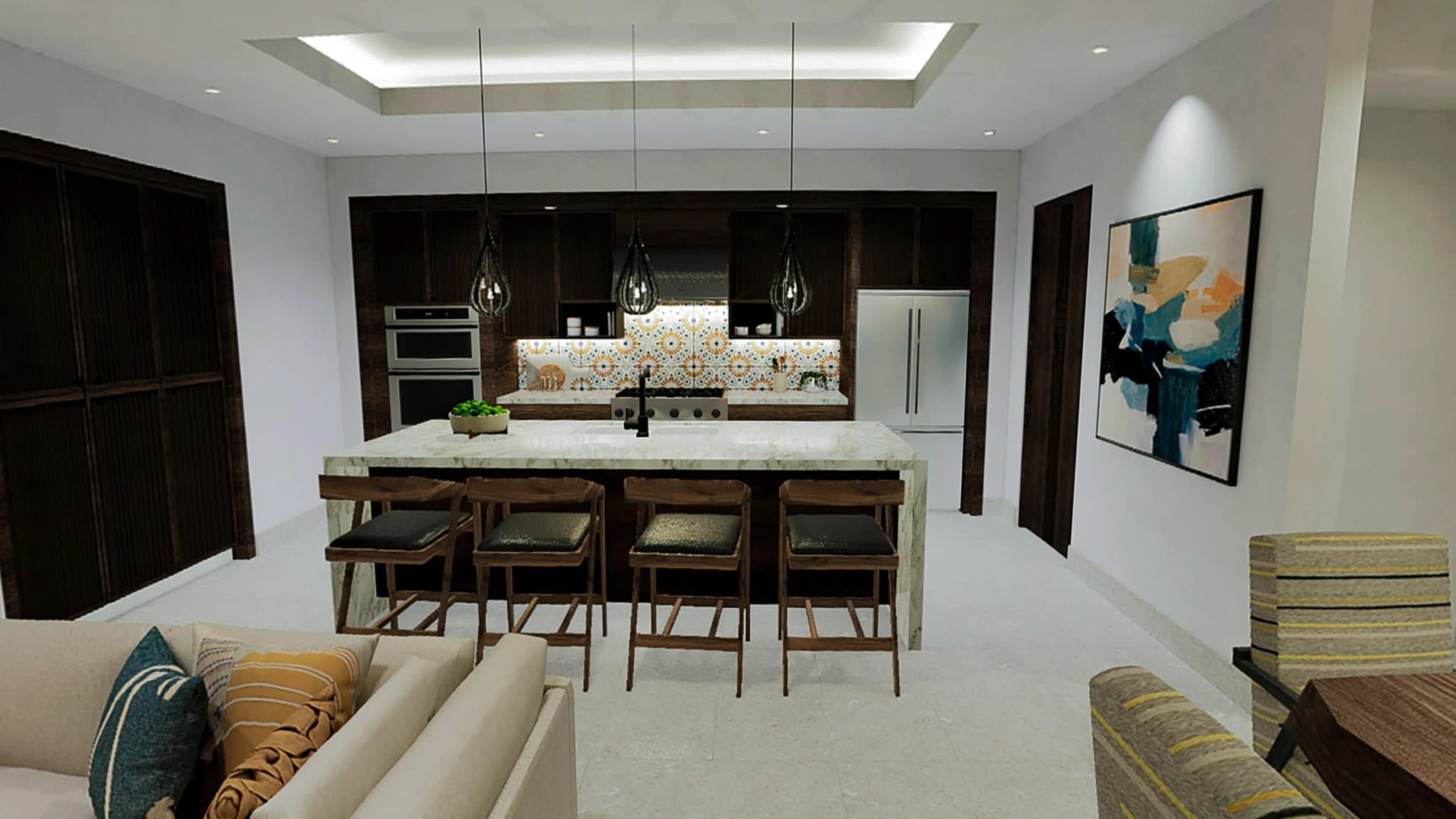 Modern kitchen with a large island, pendant lights, and dark cabinetry in Alvar 4-bedroom home