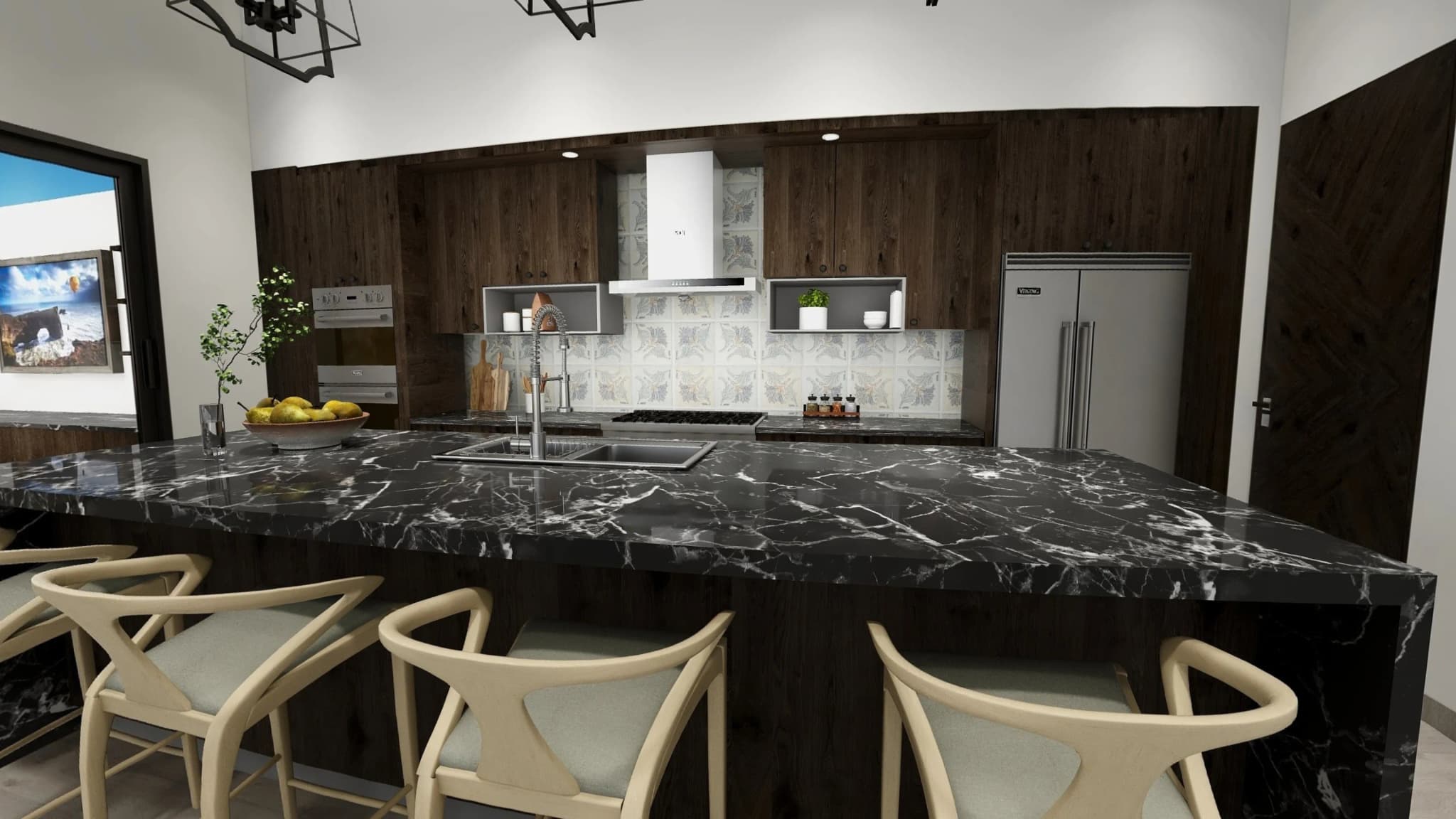 Modern kitchen with a marble island and dark wood cabinetry in the Alvar penthouse
