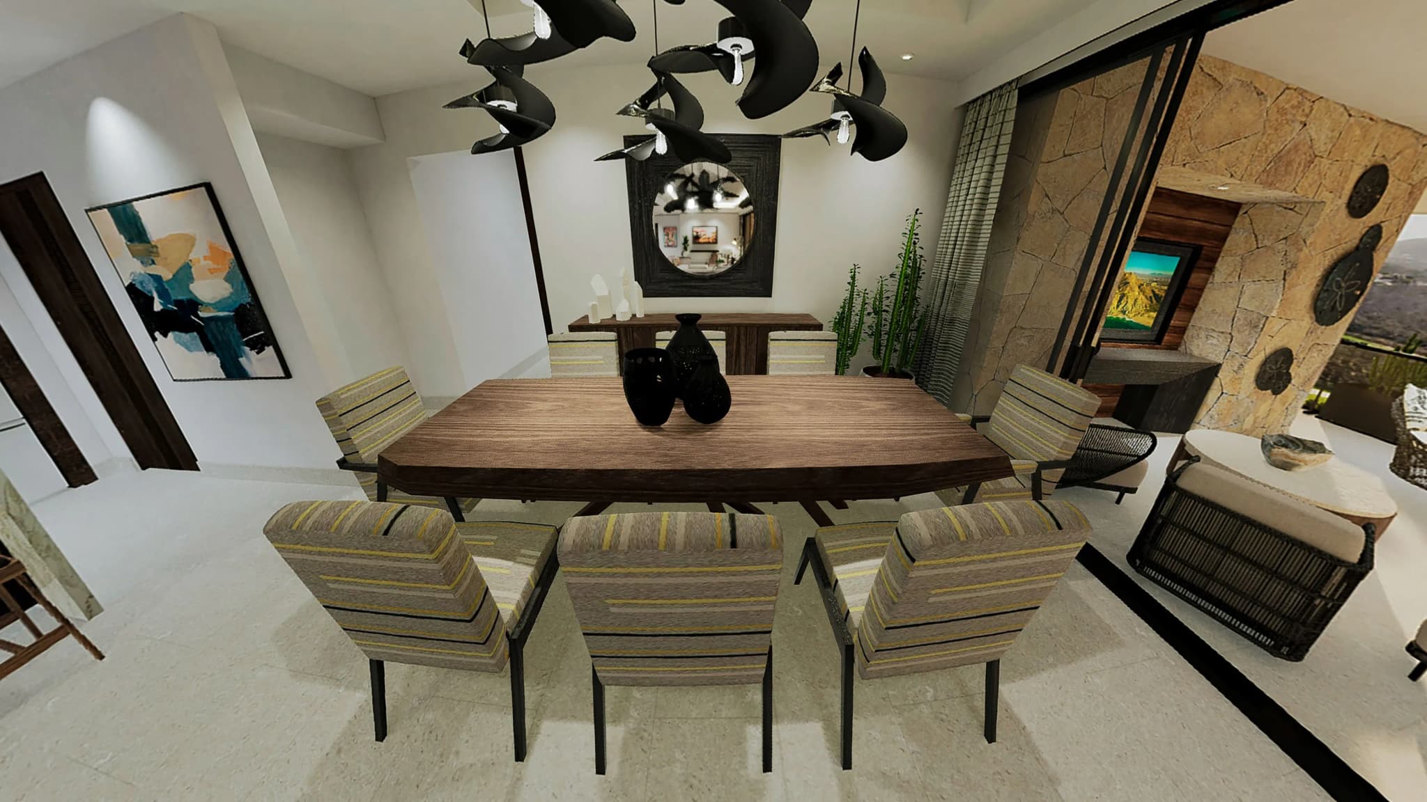 Contemporary dining room with a wooden table and stylish lighting in Alvar 4-bedroom home