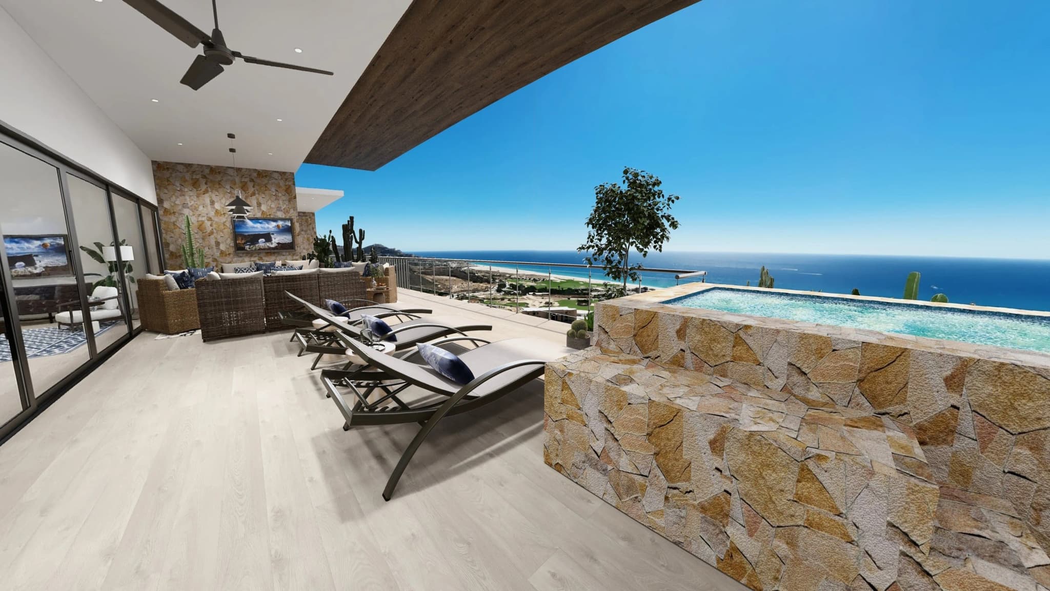 Spacious terrace with ocean views and lounge chairs in the Alvar penthouse